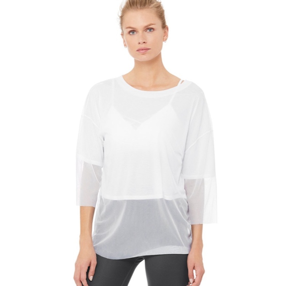 Alo Yoga Layer-Up Tee Shirt, White, Mesh Overlay